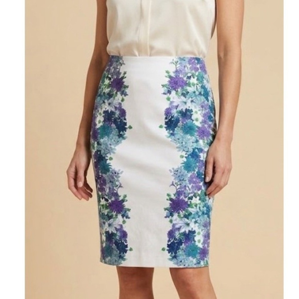 Marisa Christina Floral Pencil Skirt White Purple Blue Knee Length Size‎ 8